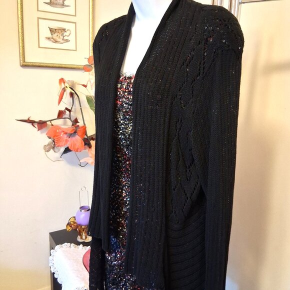 NWT Robert Kitchen Women’s Black Lightweight Crochet Knit Cardigan Chic Sweater - Picture 7 of 9